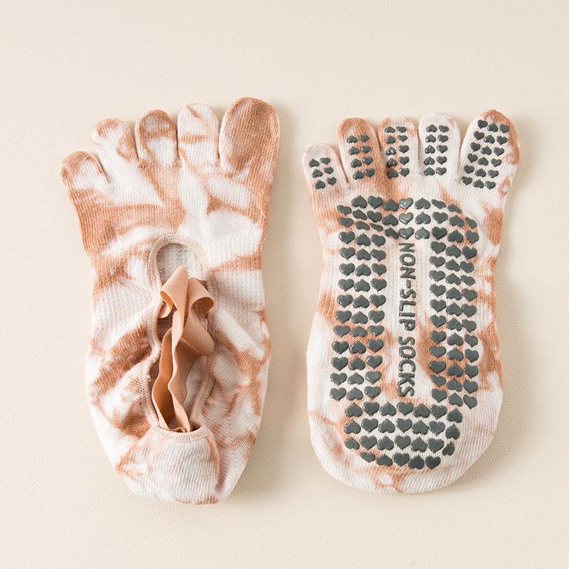 Five Toes Yoga Socks Women Backless Breathable Bandage Tie-dye Pilates Socks Silicone Non-slip Indoor Workout Dance Sports Socks
