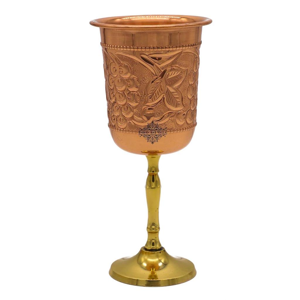 Pure Copper Wine Glass with Grape Vines Embossed Design & Brass Bottom, Serving Drinking Wine Cocktail Bar Hotel Restaurant, Volume-300 ML