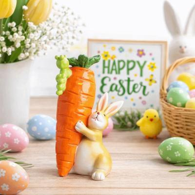 Colorful Resin Rabbit Statue Handmade Simulation Bunny Rabbit Holding Carrot Sculpture Resin Novelty Resin Carrot Bunny Ornament