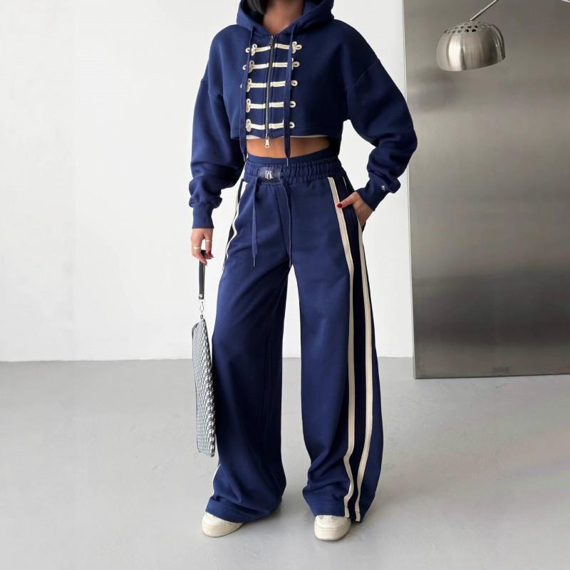 Womens Winter Hooded Short Coat Wide Leg Pants Set Cotton Streetwear Outfit