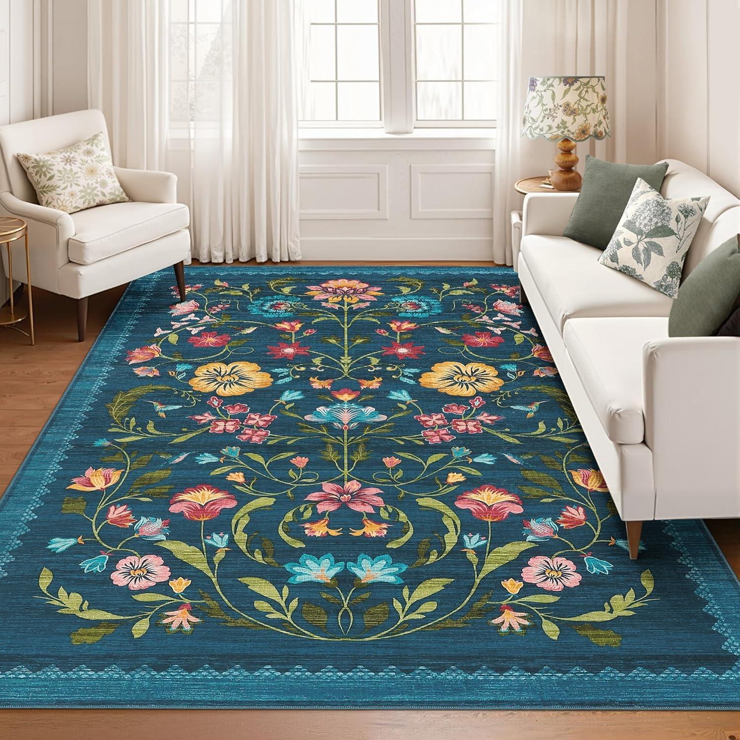 

Blue Retro Living Room Carpet Bohemian Light Luxury Floral Print Bedroom Rug Machine Washable Foldable Non-slip Coffee Table Mat 50x80cm (19x31inch)