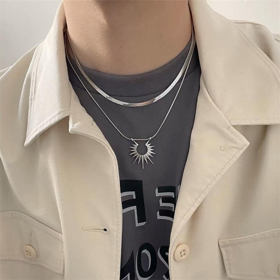 Men's Layered Sun Pendant Necklace Snake Chain Minimalist