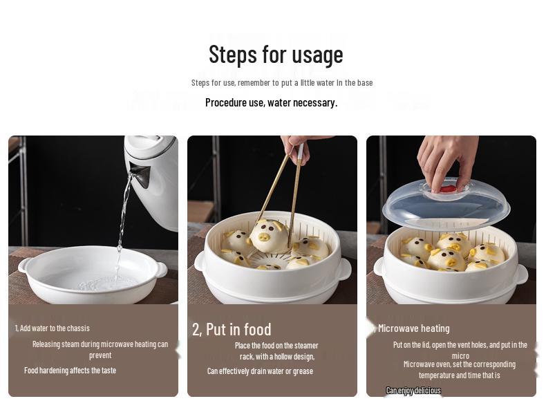 Dual-Layer Microwave Steamer: Food-Grade Water-Add Container with Thickened Tray & Grid
