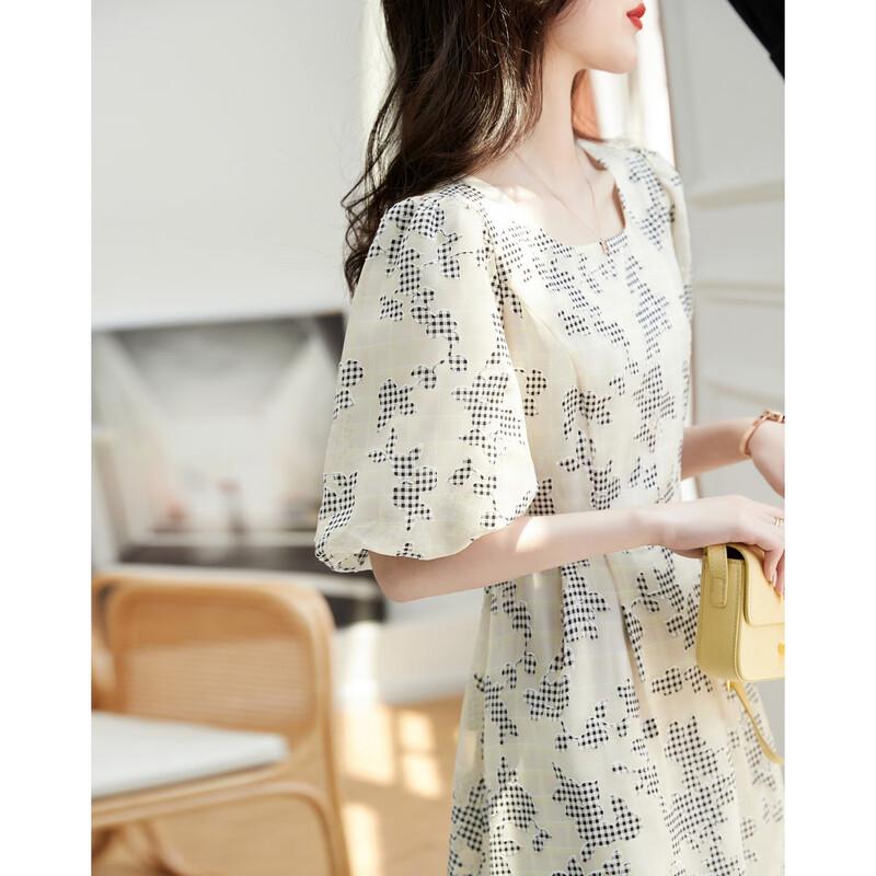 Demana Women s Jacquard Plaid Round Neck Puff Sleeve A-Line Midi Dress XL