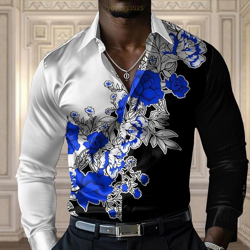 Men's Shirt with Contrasting Floral Print Long Sleeved Shirt, Fashionable Lapel Cardigan Shirt, Business Casual Men's Clothing