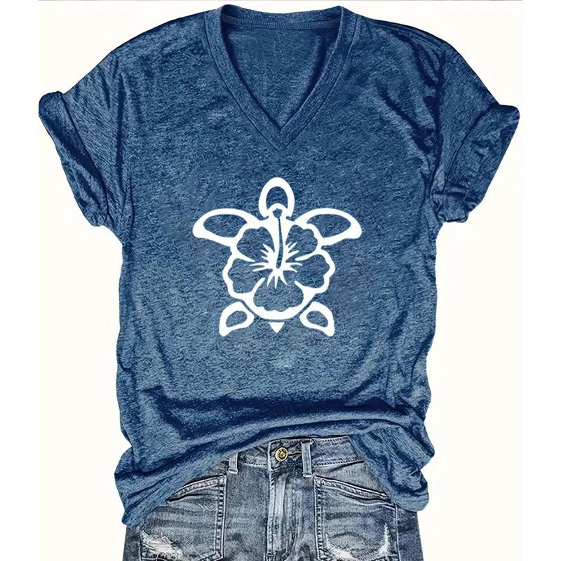 Fashion Spring Sea Turtle Painting Blouses Short Sleeved V-Neck T Shirts Casual