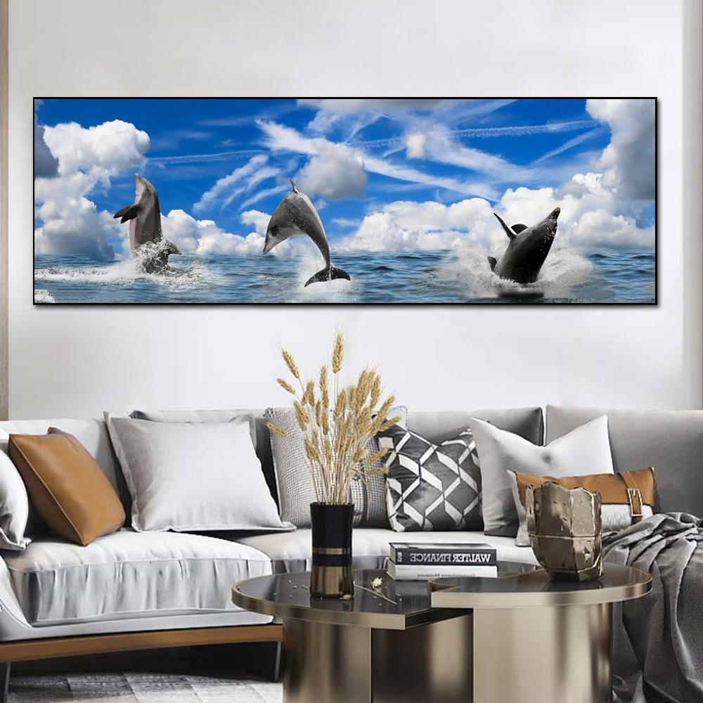 Landscape Ocean Dolphin Blue Sky Clouds Canvas Painting Posters and Prints Wall Art Pictures Living Room Home Decor No Frame