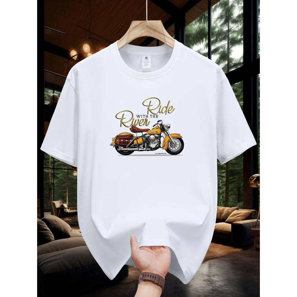 Men's Summer 100 Cotton Fashionable Casual Loose Large Size Classic Motorcycle Pattern Printed Round Neck Short Sleeve T-shirt