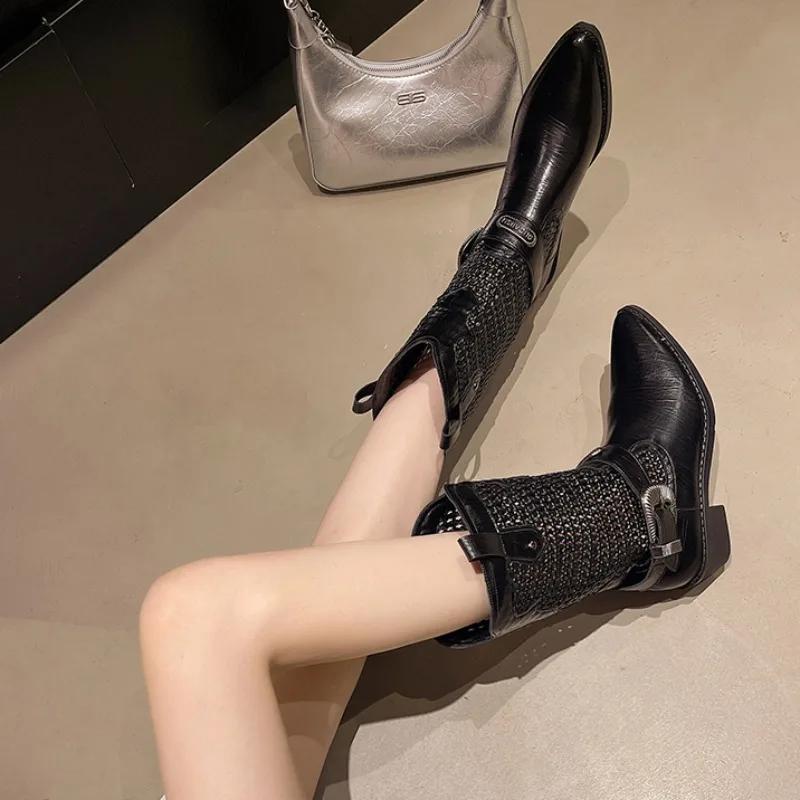 Fashion New Fashion Temperament Fashion Boots Pointed Toe Cutout Woven Women's Shoes 2025 New Boots