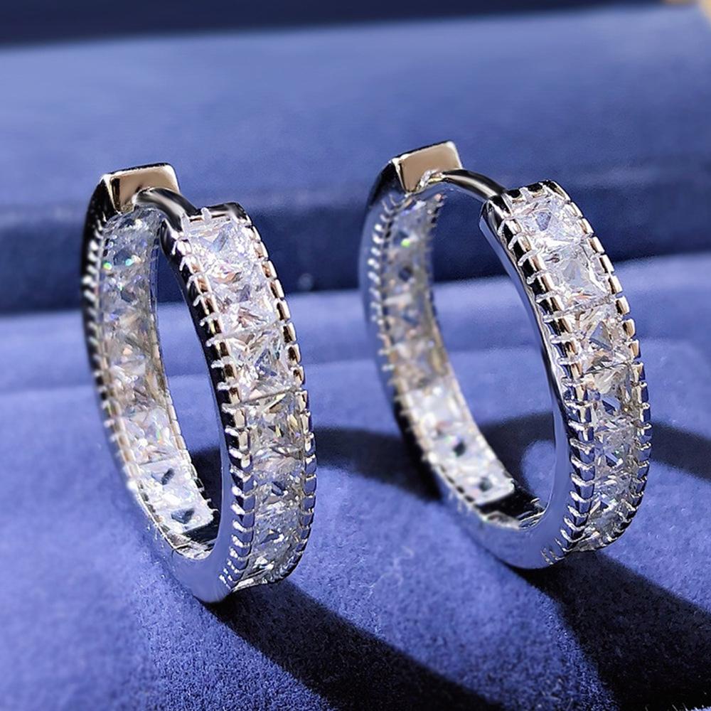 Luxury Female White Zircon Stone Hoop Earrings Vintage Fashion Silver Color Wedding  For Women