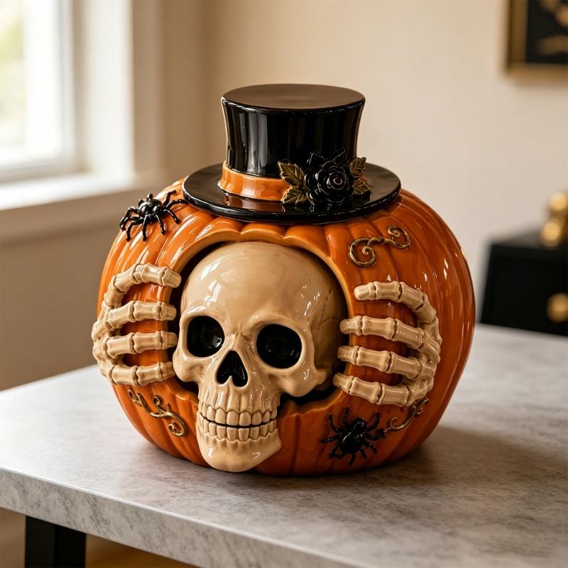 Halloween Skull Pumpkin Treat Candy Storage Jar Resin Candy Container for Candy Storage, Dessert Table Use, Shelf Display, Entry Table Placement