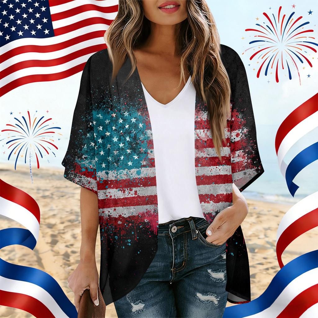Damen Offen Vorne Kimono Strickjacke Lockerer Schnitt Leicht Gedruckt Kurzarm Lässige Oberbekleidung Top 250 Jahre Design