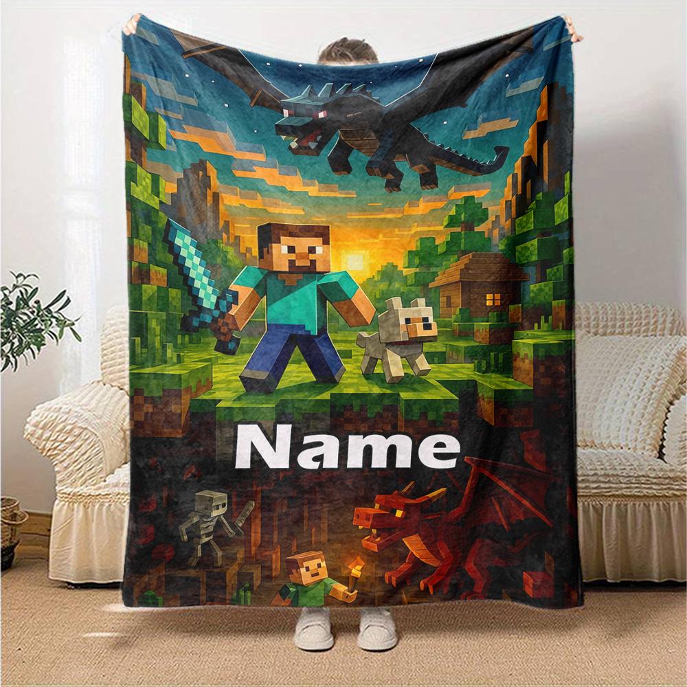 Custom Name Minecraft Theme Printed Blanket - Perfect for Couch, Bed, Travel & Outdoor Use | Machine Washable, Cozy & Durable.