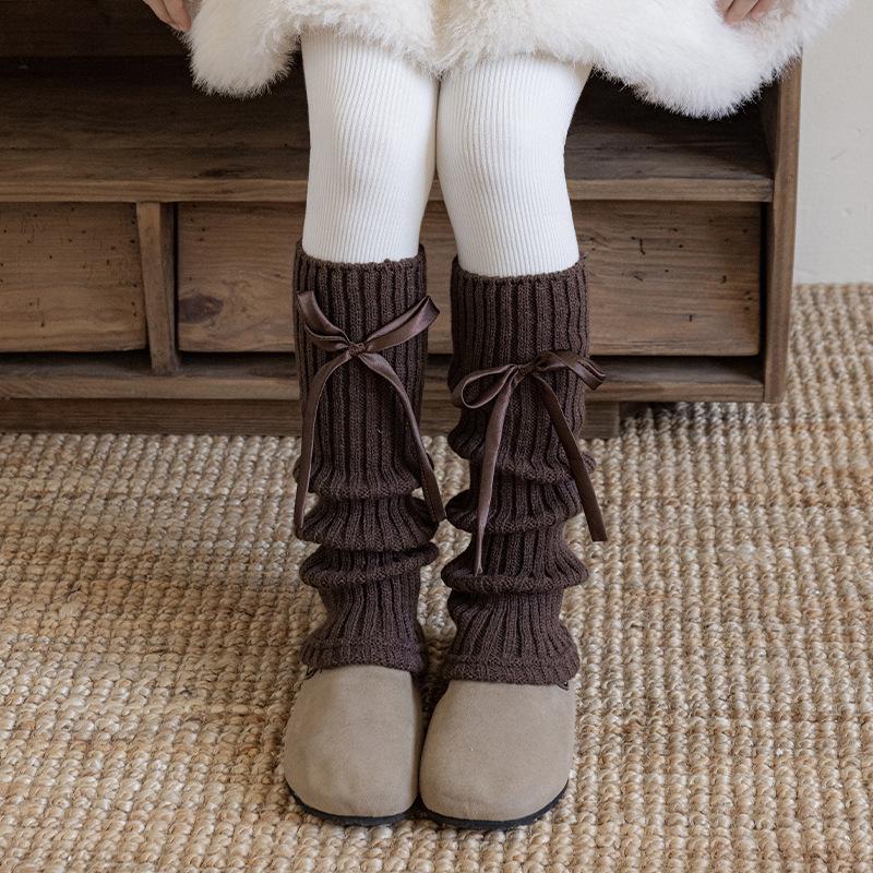 Kids Leg Warmers INS Fashion Solid Color Knitted Boot Cuff with Bow Winter Warm Leg Warmers for Girls Retro Over The Knee Socks