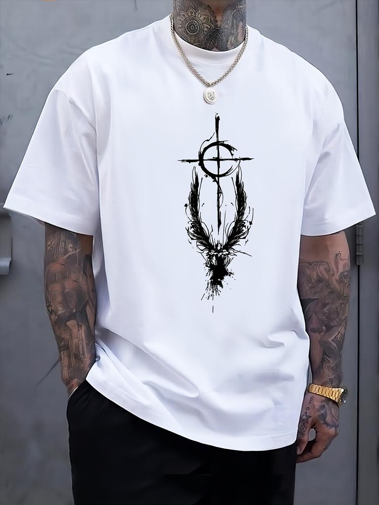 Unisex Summer Cotton Short Sleeve T Shirt Ink Splatter Cross Wing Target Print Crew Neck Abstract Street Casual Male Tee