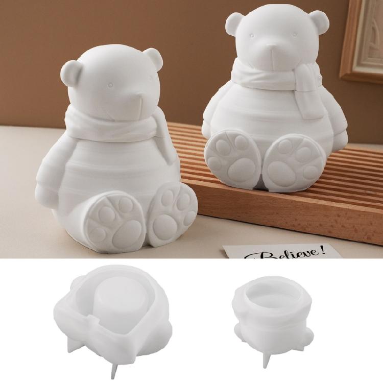 Bear Statue Resin Jar Mould with Lid Concrete Cement Silicone Mould for Epoxy Resin Candle Container Holiday Decoration