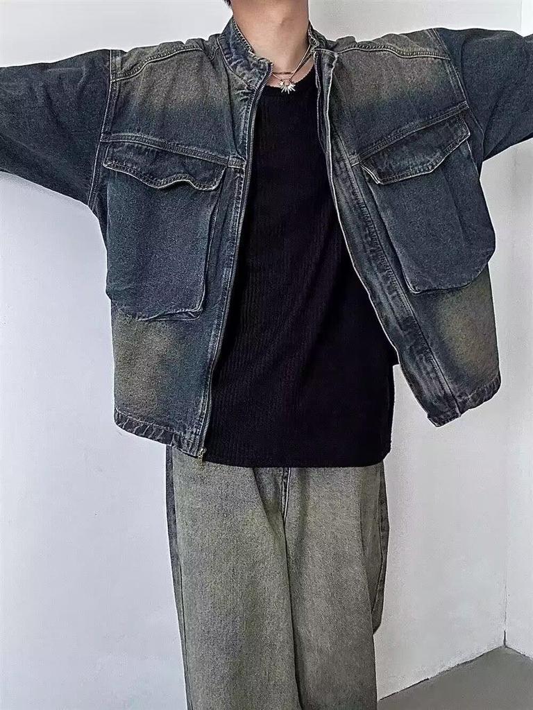 Nostalgic Blue Retro Denim Jacket - Men's Loose Fit with Large Pockets and Stand Collar for Spring & Autumn