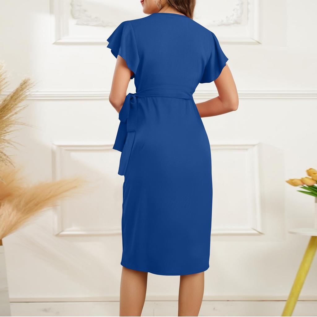 Damska sukienka we wzór kwiatowy, seksowny dekolt w serek, rękawy z falbankami, imitacja kopertowa, marszczona sukienka bodycon