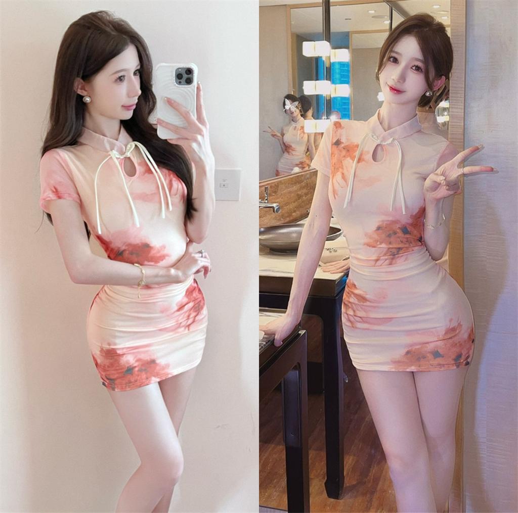 Printed mesh yarn improved design sense slim and thin cheongsam short dress summer new women's clothing trend