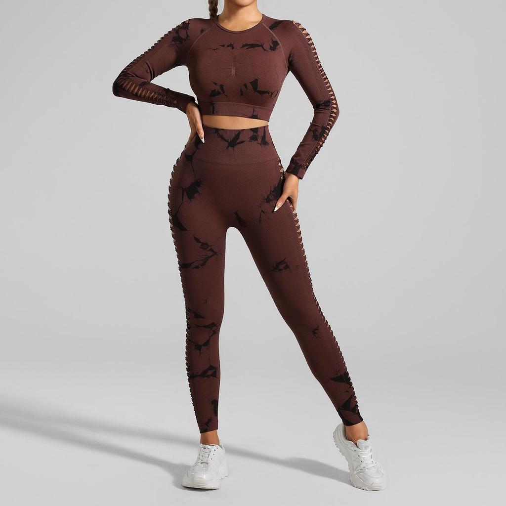 European American Tie-Dye Butt-Lift Yoga Set: Long Sleeve, Seamless Fitness Clothing with Hollow Out Design