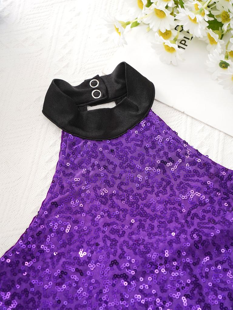 Glitzernder Tanz-Bodysuit für Mädchen, ärmellos, Stehkragen, Riemchenrücken und glitzernde Pailletten für Eiskunstlauf und Gymnastik