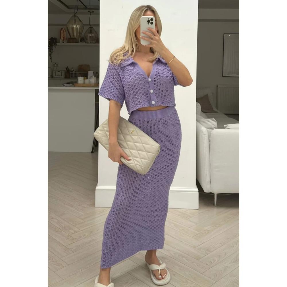 GMXIA Summer Spring Knitted Hook Flower Set Skirt Multi-color Cardigan Buckle Skirt All Match Set