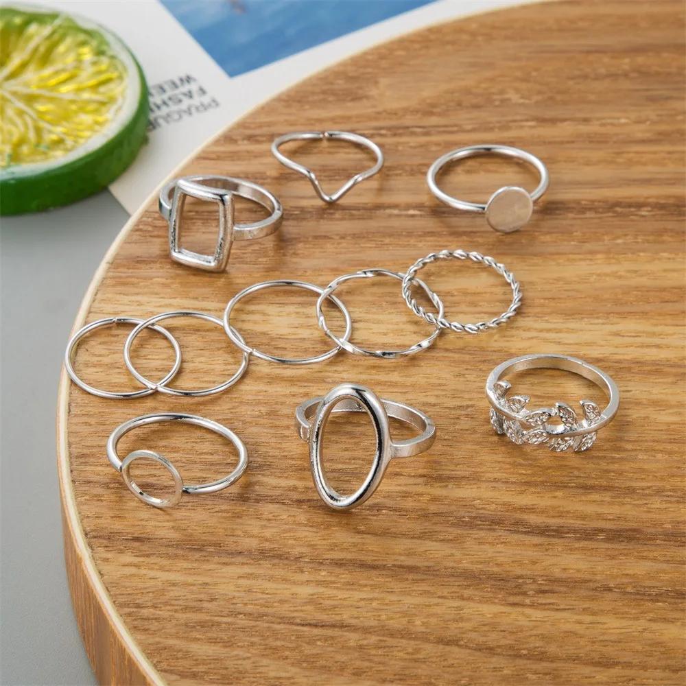 Neues Mode Kreatives Geometrisches Blatt Welle Hohl Ring Set 11 Stk. für Damen Herren Einfacher Knöchelring Charm Hochzeitsfeier Schmuck