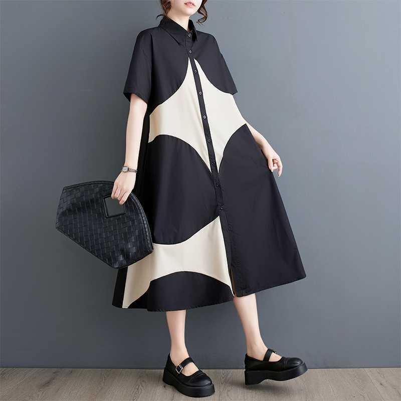 Summer Style Loose Large Size Print Splicing Casual Simple Sweet Short-sleeved Dress