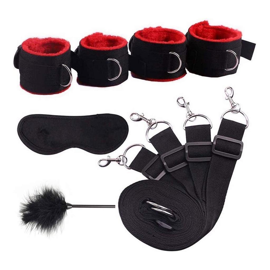 Couple Sex Toy BDSM Bed Restraint Equipment Set Sex Erotic Handcuffs Ankle Eye Mask Whip Alternative Training Game