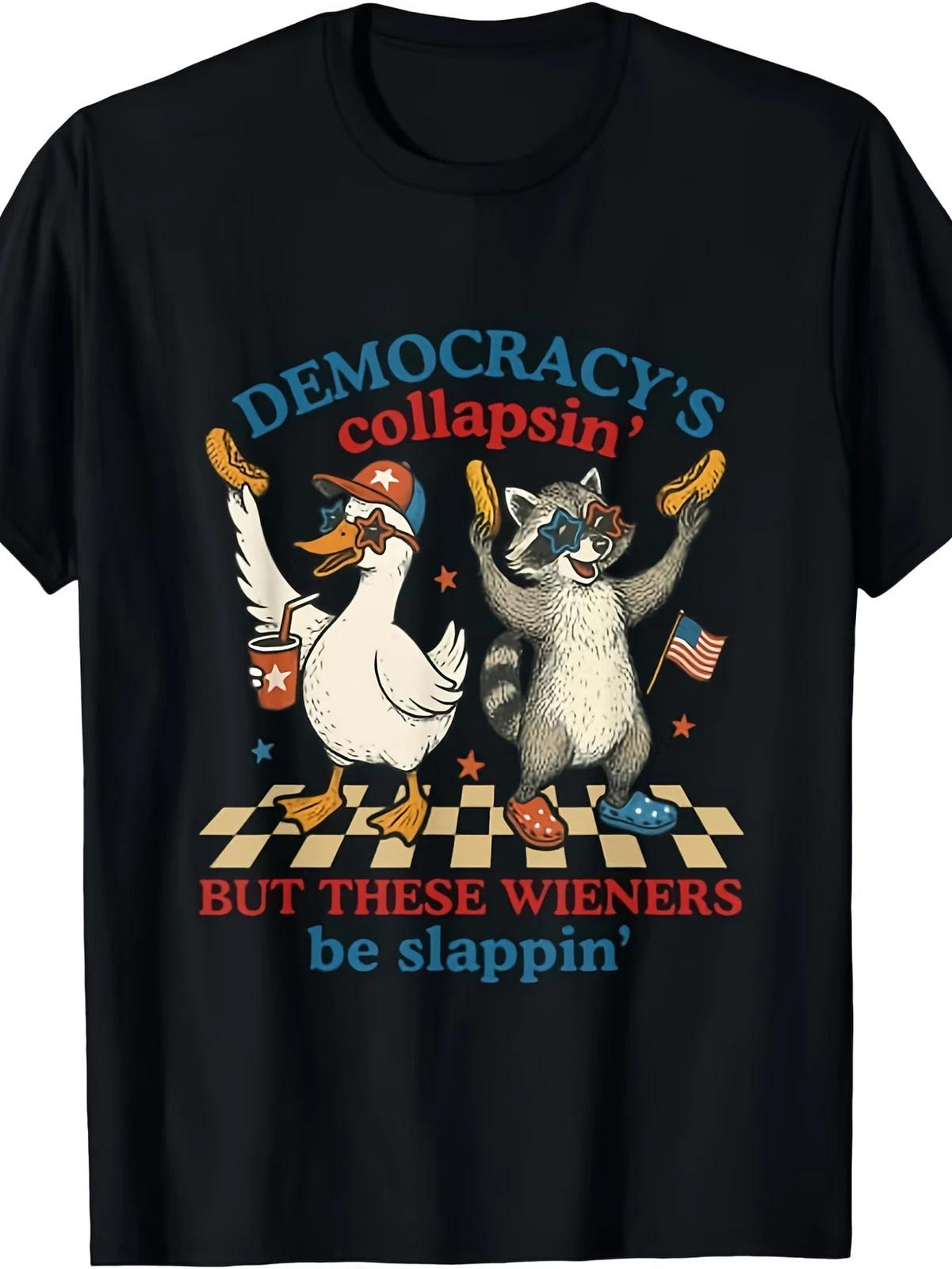 Funny 4th of July Patriotic Raccoon & Goose Graphic T-Shirt - Democracy S Colla M