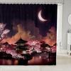 Japanese Style Moon Cherry Blossom Shower Curtain - Romantic Night Sky Scenery Bathroom Decor Women - Exotic Pink Waterproof