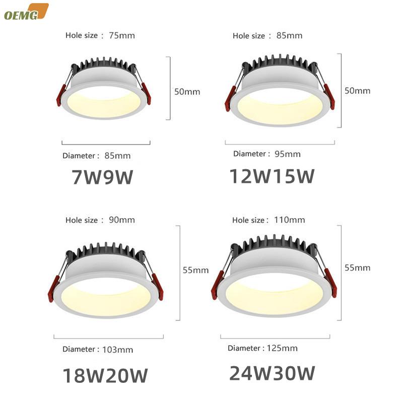Eingebettetes LED-Downlight, blendfreier Scheinwerfer, Wohnzimmer, Flur, kein Hauptlicht, einstellbar, 9W12W, warmweißes Licht, Innenbeleuchtung