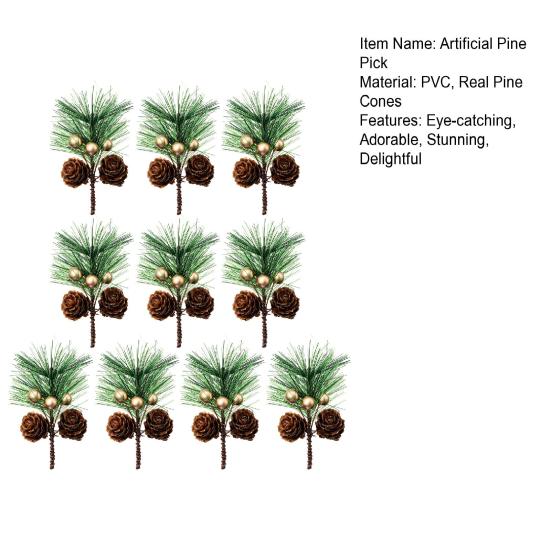 10 Pcs Artificial Pine Pick Mini Pine Needles Branches with Gold Berry Small Pinecones Stems for Holiday Crafts Christmas Tree DIY Garland Wreath
