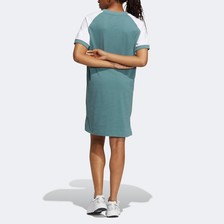 Adidas Originals Color Block Logo Casual Sport Simple Spliced Round Neck Short Sleeve Dress Women dress Dark-Green H49566