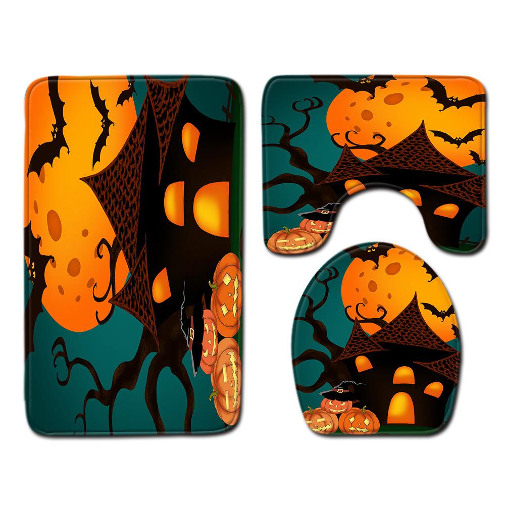 Halloween Shower Curtain Floor Mat Combination Four-Piece Set Bathroom Toilet Carpet Shower Room Foot Mat