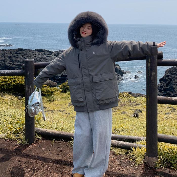 Ji s new fur-collared cotton-padded clothes for women s thickened loose tooling pie to overcome cotton-padded jackets S серый