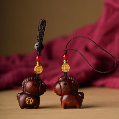 Cute Zodiac Horse Key Chain Cartoon Sandalwood Bag Pendant Handmade Rope Lanyard Chinese Style Key Ring Car Key Chain Pendant