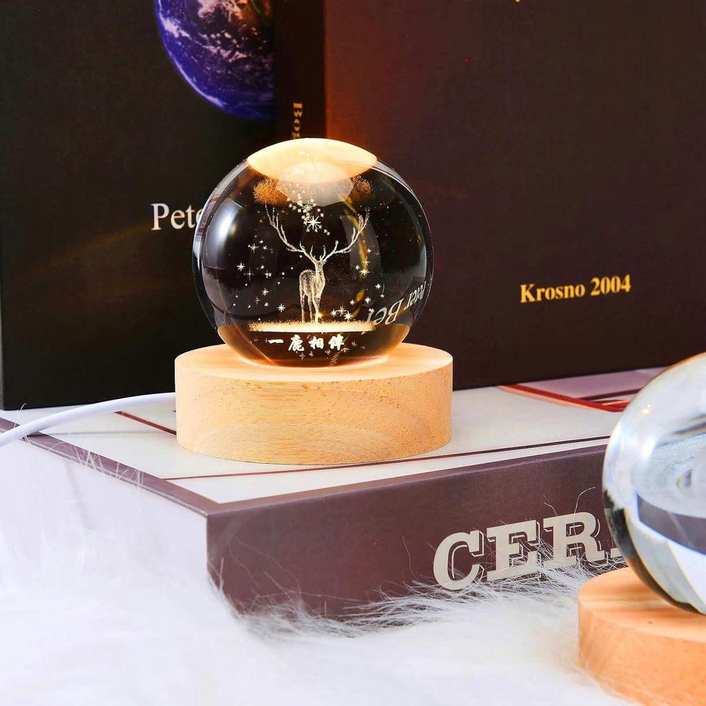 3D Engraved Deer Crystal Globe Lamp | USB LED Night Light with Wooden Base | Creative 6 cm Crystal Ball Table Lamp for Bedroom, Home, (Warm White)