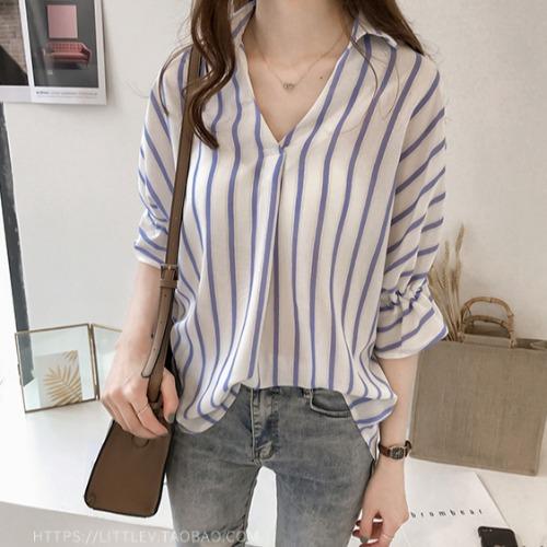 Summer 1116 New Han Fan Lace-up Seven-Sleeve Striped Shirt Women's Loose Casual Chiffon Shirt Bottom Top