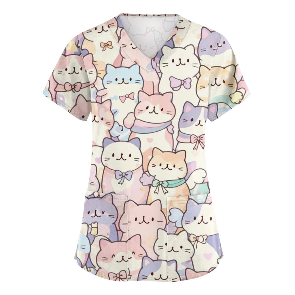 Women's Casual Short-Sleeve Cute Animal Print V-Neck Pocket Workwear Top