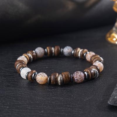Crystal Bracelet, Natural Brown Weathered, Black Gallstones, Bead Bracelet, Men's Elastic Bracelet