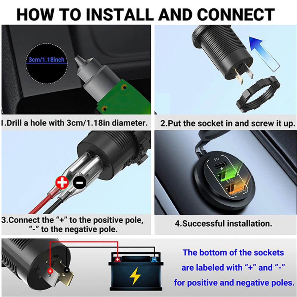 83W Max Phone Charger Socket 45W PD+QC3.0 Fast Charging 22.5W Dual USB+Type C Outlet 3 Ports Power Adapter Waterproof 12V-24V