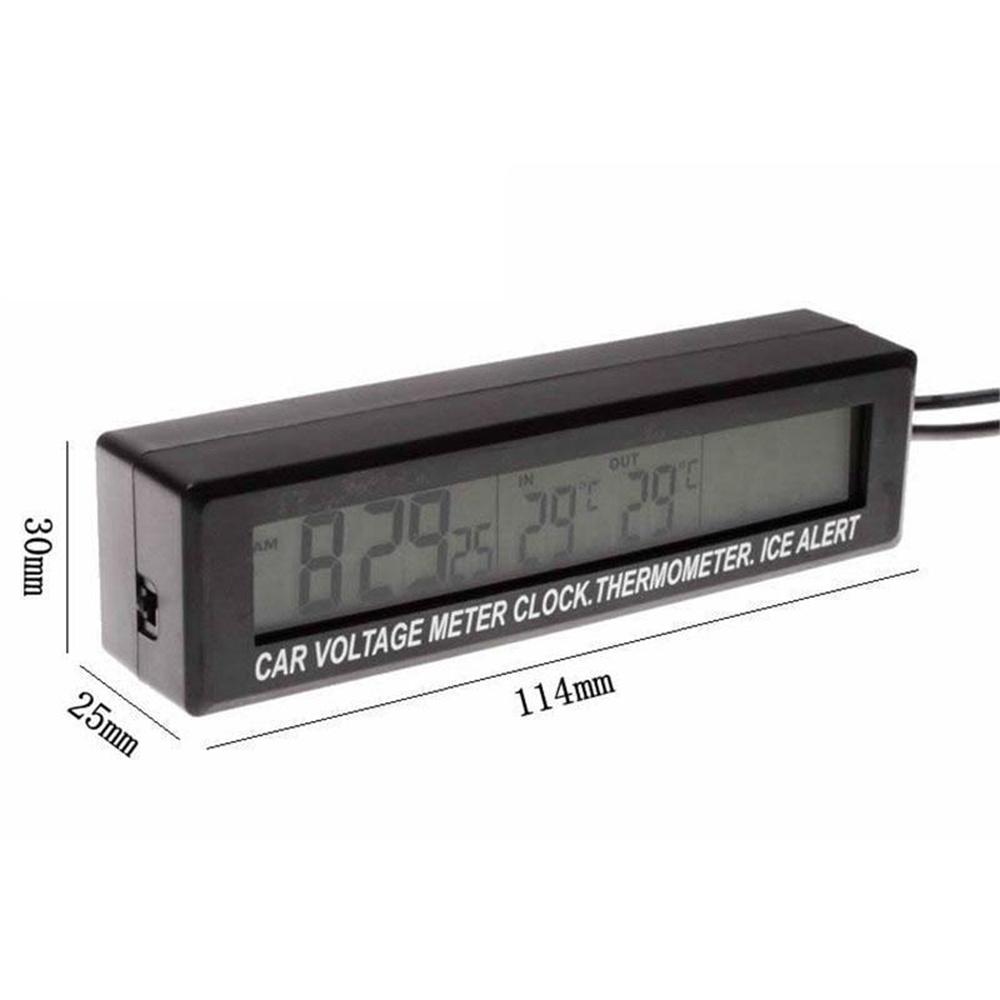 12-24V Car 3 In 1 Digital Inner & Outer Thermometer Display Car Battery Voltmeter & LCD Clock with Temperature Sensor Backlight
