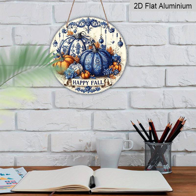 2D Flat Printed, 1pc Blue & White Porcelain Autumn Pumpkin Wall Art - Aluminum Hanging Circular Pediment with Happy Fall Design, Lightweight Durable