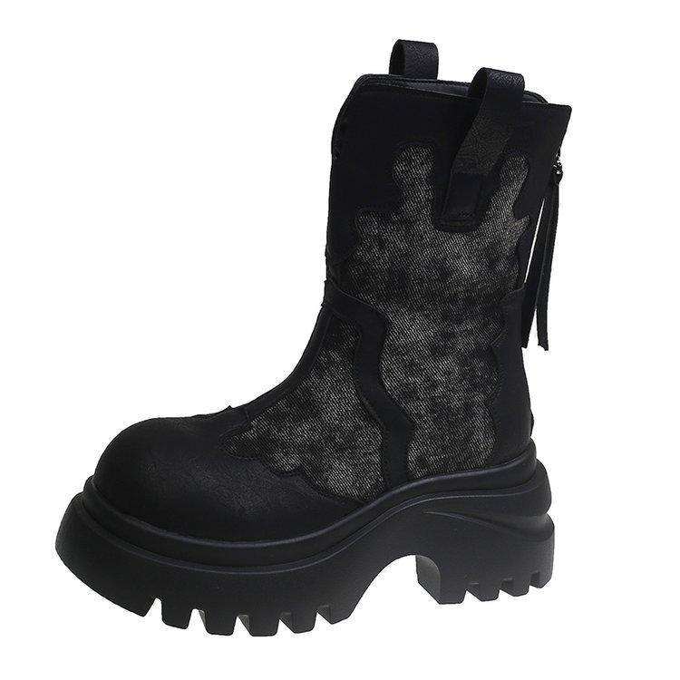 National Style 2025 Autumn New Single-layer Leather with Cloth Thick-soled Denim Fashion Explosion Martin Boots Children's Round Head Short Boots