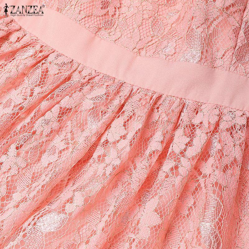 ZANZEA Women Casual Stand Collar Loose Long Sleeve Patchwork Lace Dress