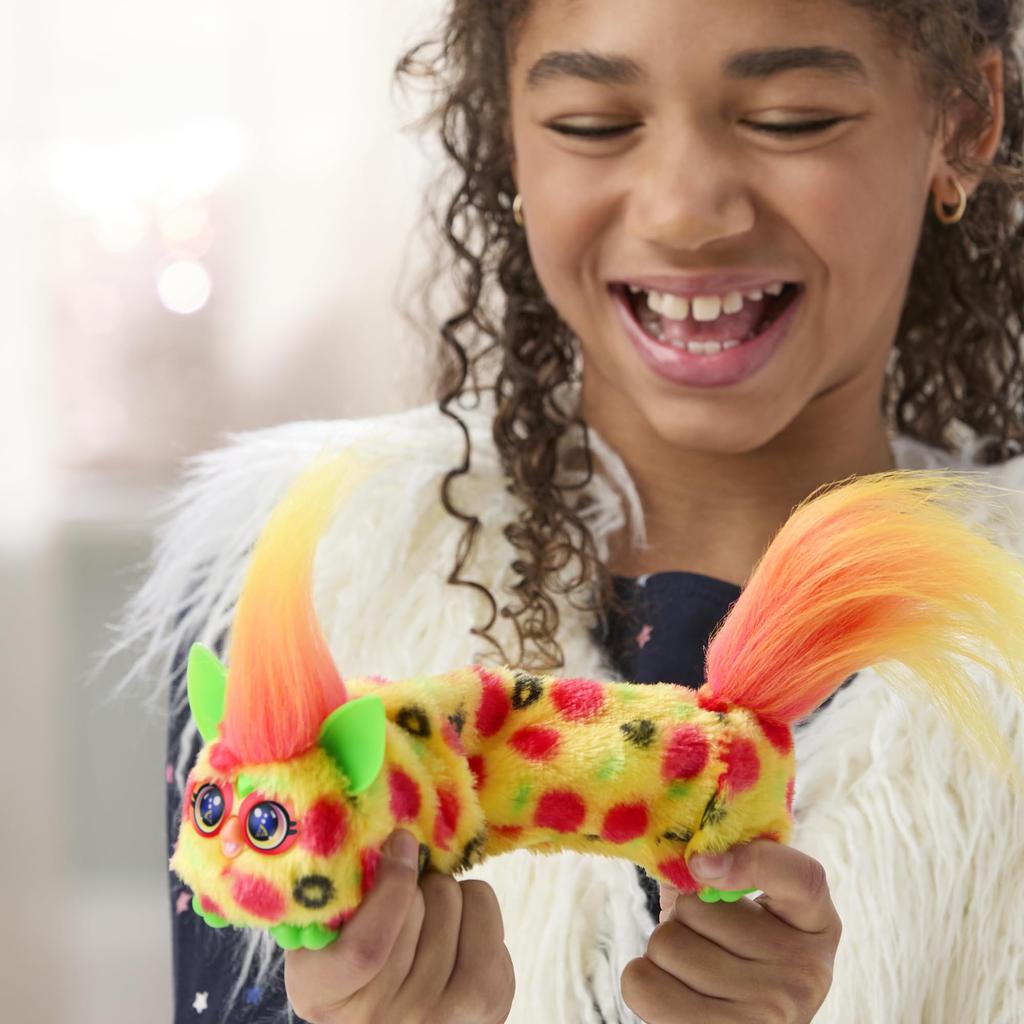 Hasbro Furby DJ Furblets Pep-O-Roni Mini Friend, Furby-speaking only, motorized plush toy with expandable body, sounds and music, for ages 6 and up,