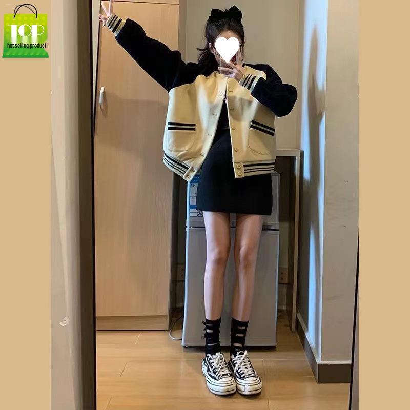 Women's Retro Baseball Jacket, Korean Style, Loose Fit, Long Sleeve, Autumn/Winter 2025.