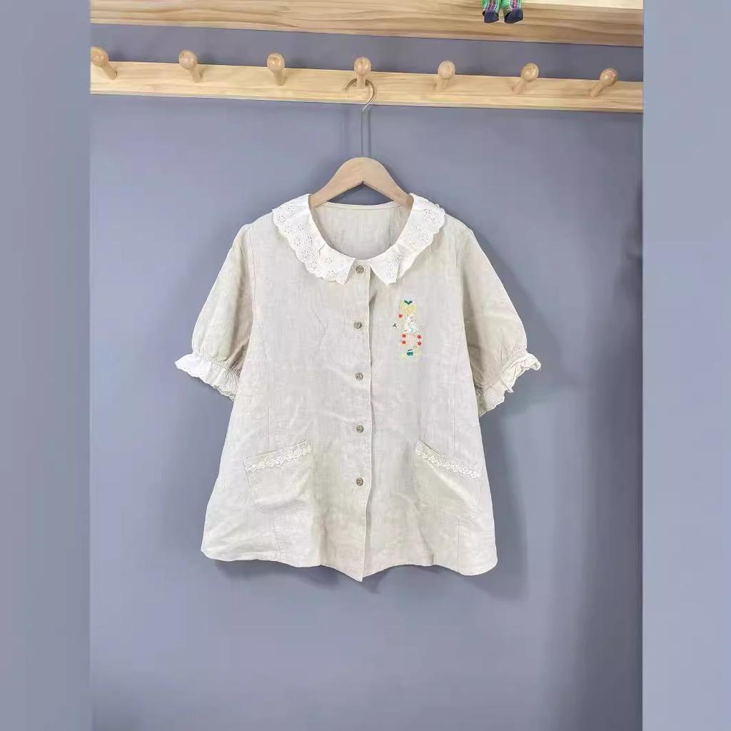 Special Fresh Big Collar Embroidered Loose and Thin Shirt New Mori Japanese Fairy Version Maillard Wear