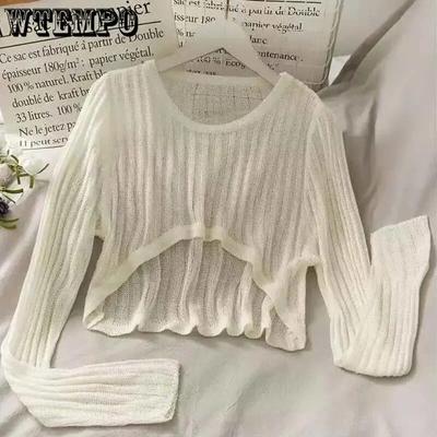 Long Sleeved Hollow Knit Sunscreen Blouse Slim Thin Pullover Women's Crop Top Simple Casual Commuting Spring Summer